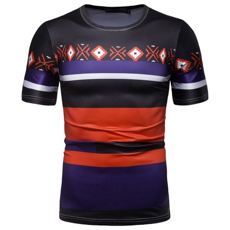 New Summer Men's Short-Sleeved T-Shirt Contrast Striped Slim Casual T-Shirt