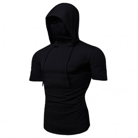 Men's Personality Simple Stretch Fitness Ninja Suit Hooded Short Sleeve T-Shirt Mask